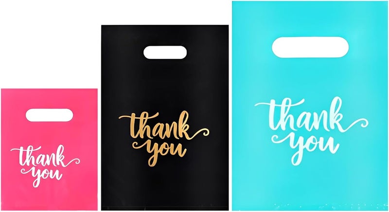 Heran 200PCS Thank You Bags for Small Business, 3 Sizes Plastic Retail Grocery Shopping Bags, Black Pink Turquoise Sale Boutique Gift Bag, Reusable Goodie Bag Bulk for Store Party Favor Purchase - Image 1